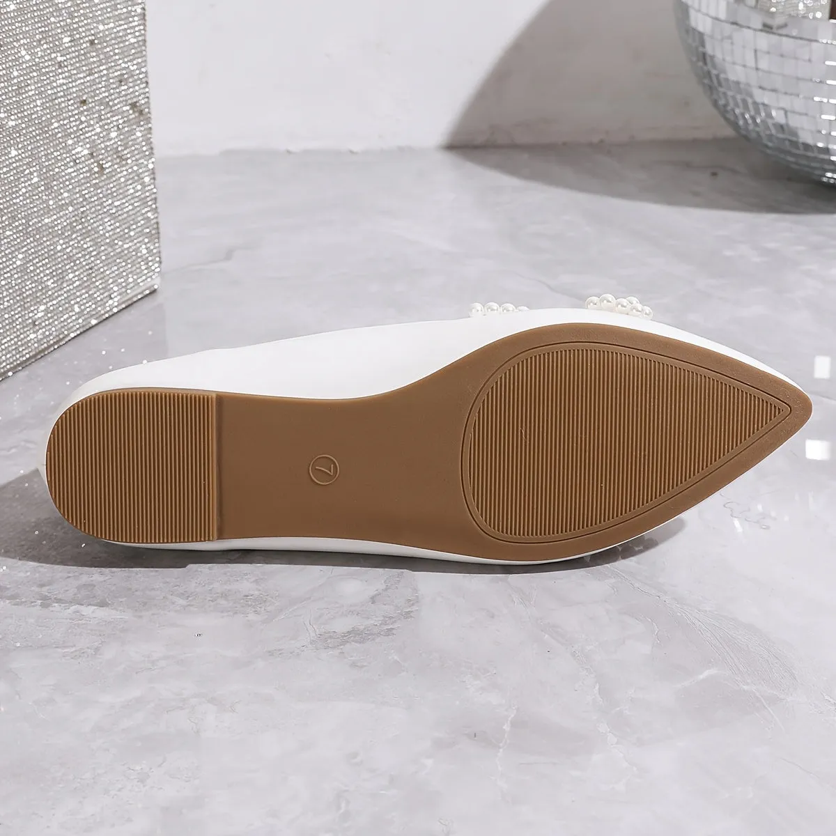 VougeVamp Elegant Pearl Bow Pointed-Toe Flats – White Bridal & Bridesmaid Wedding Shoes