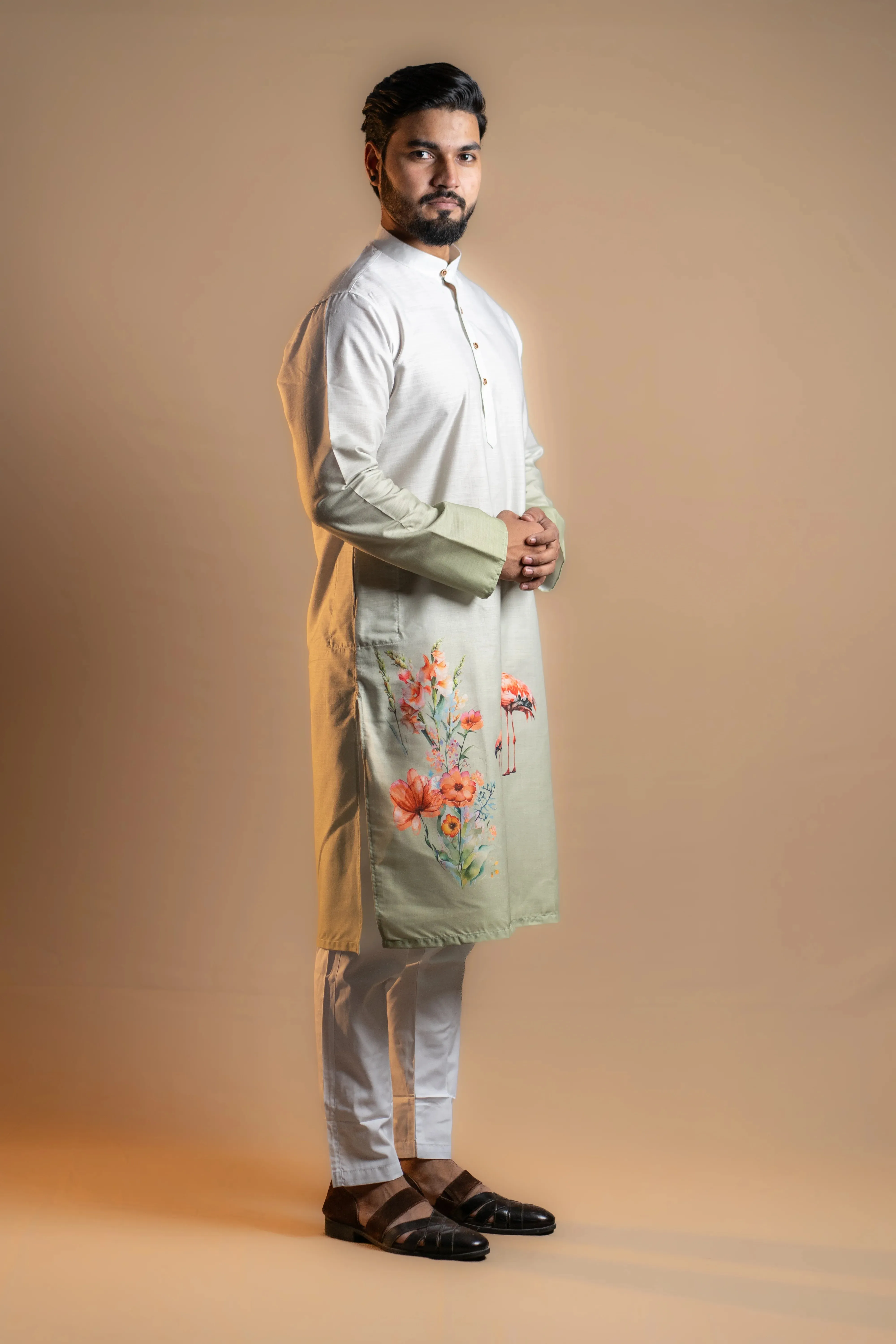 White and Soft Green Printed Kurta Set