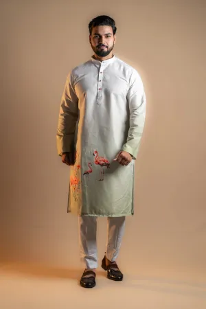 White and Soft Green Printed Kurta Set