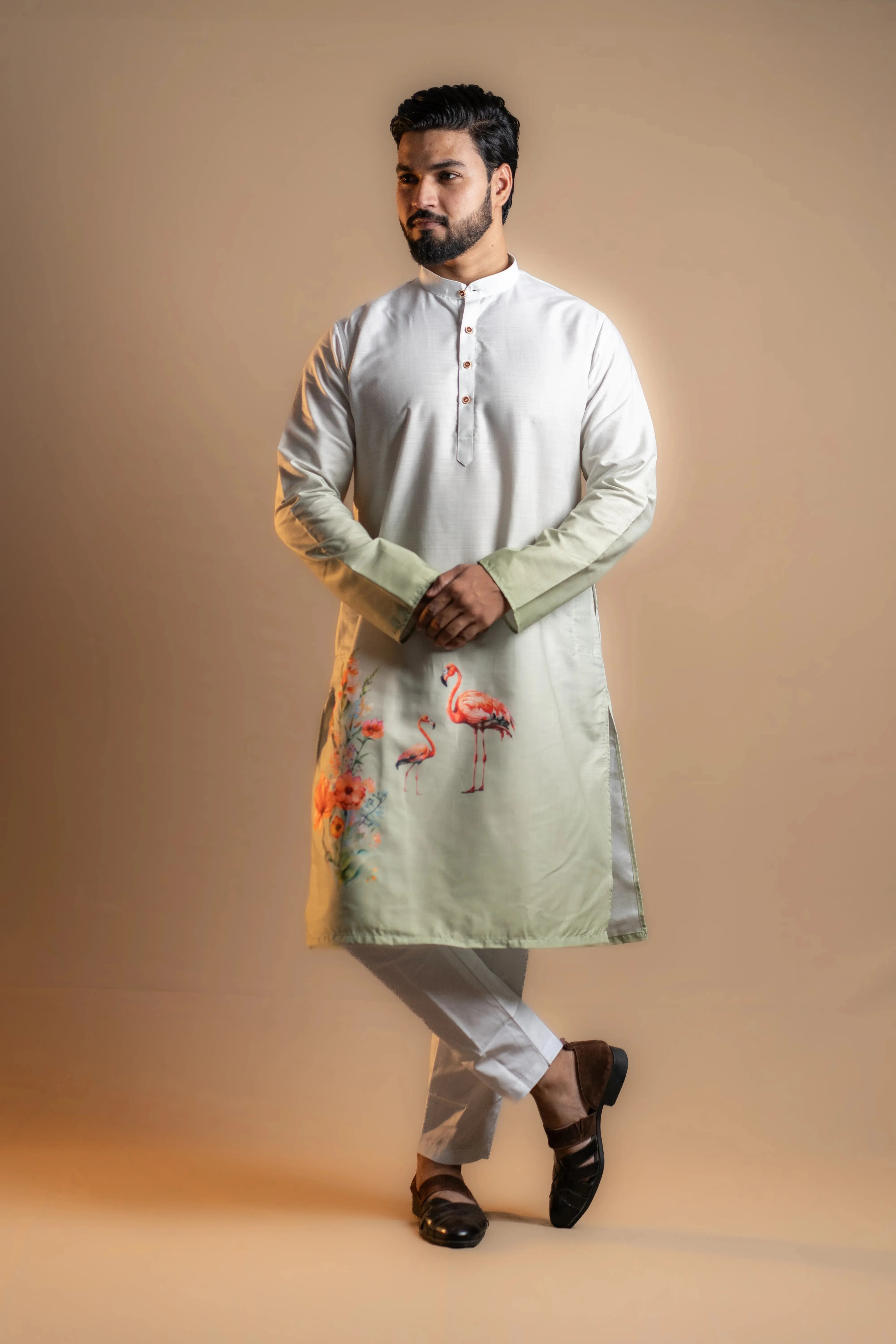 White and Soft Green Printed Kurta Set