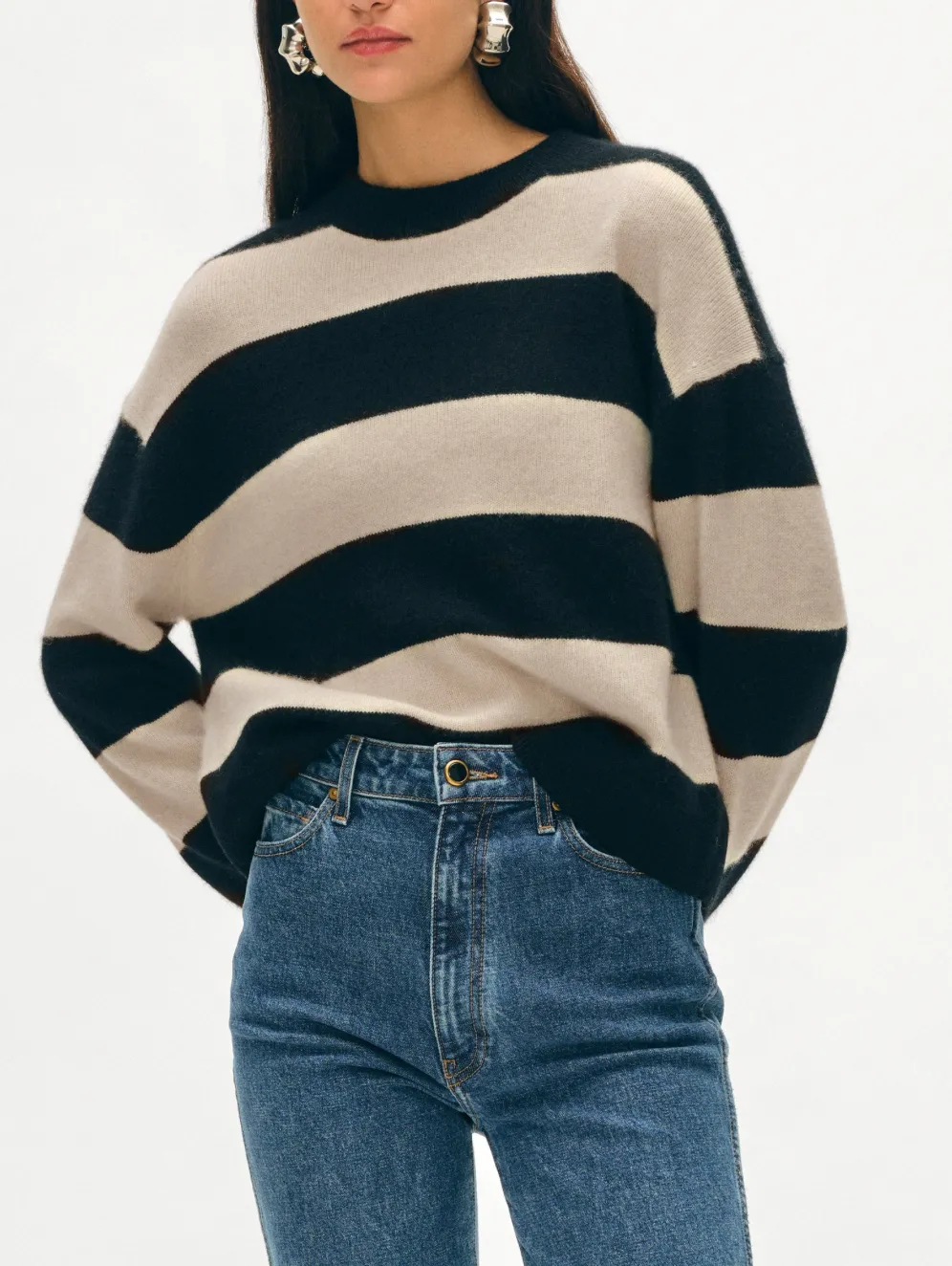WHITE   WARREN CASHMERE STRIPED CREWNECK
