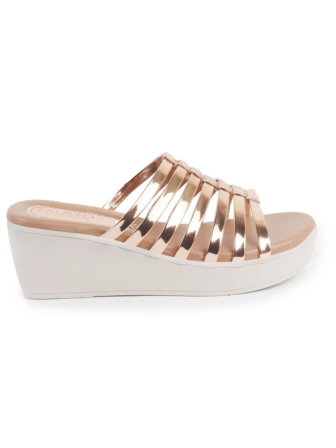 Women Golden Shiny Open Toe Multi Strap Wedge Heel Height Enhancer Ethnic Sandals|Slippers for Wedding|Festive|Occasion