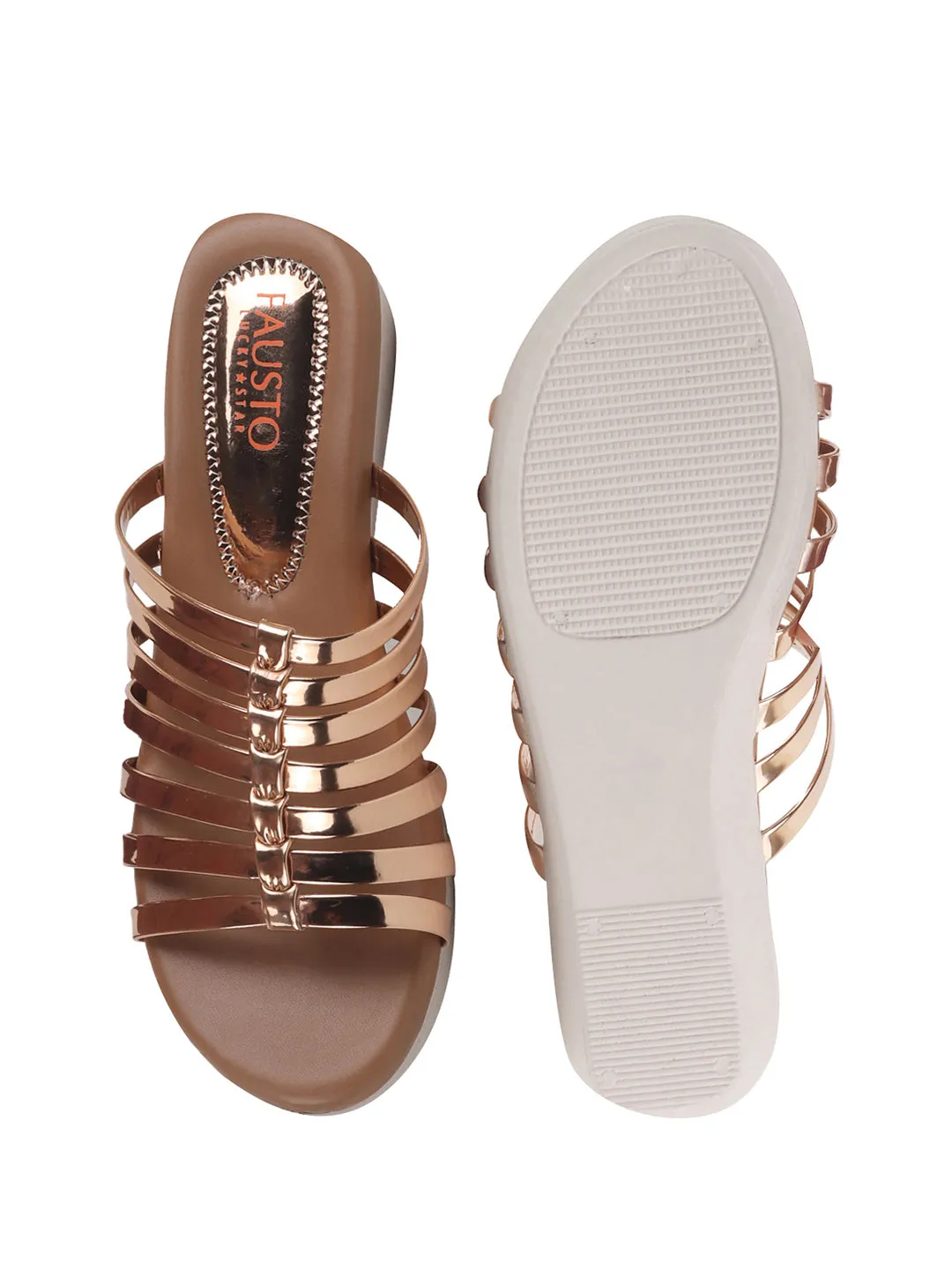 Women Golden Shiny Open Toe Multi Strap Wedge Heel Height Enhancer Ethnic Sandals|Slippers for Wedding|Festive|Occasion