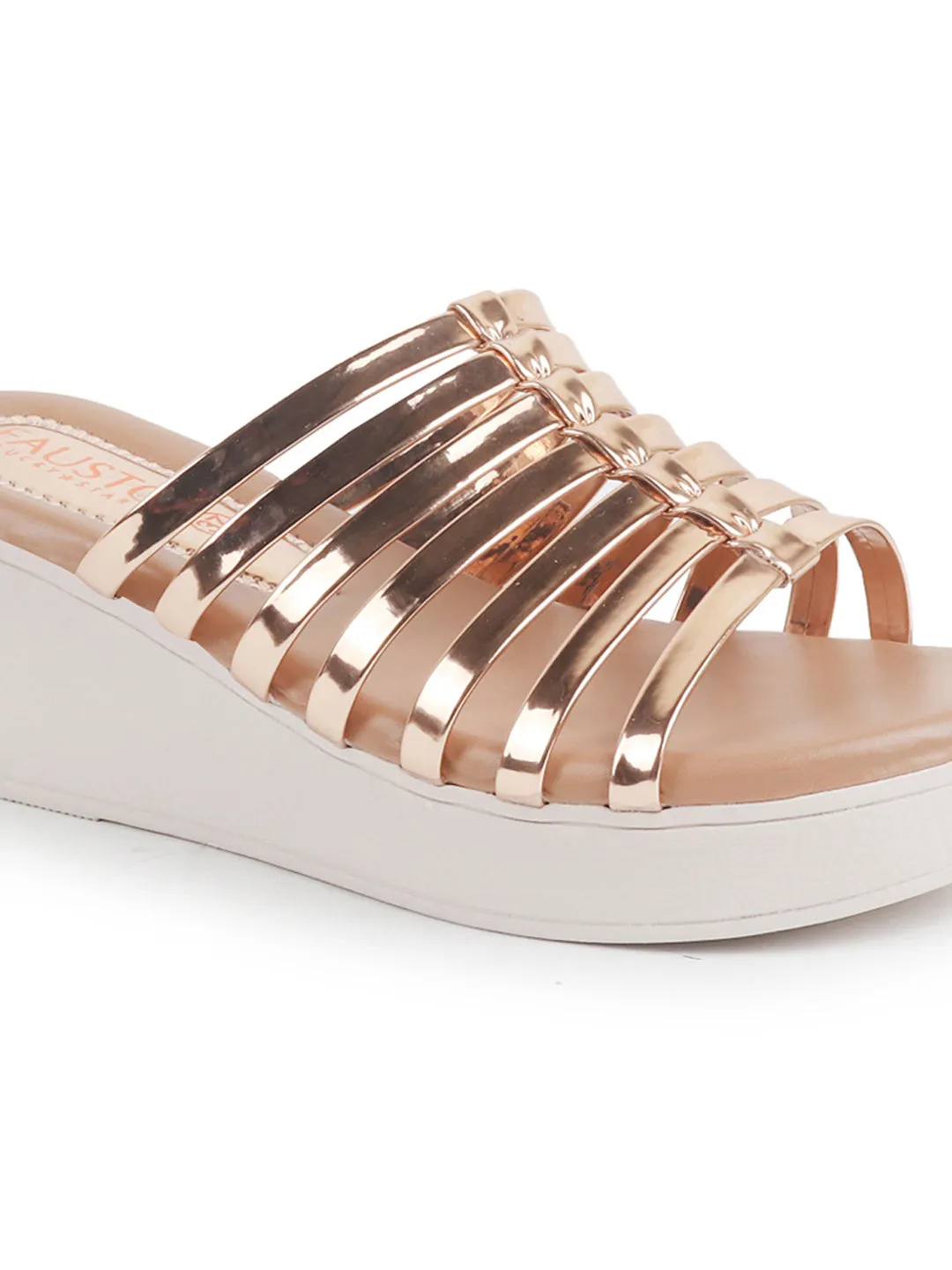Women Golden Shiny Open Toe Multi Strap Wedge Heel Height Enhancer Ethnic Sandals|Slippers for Wedding|Festive|Occasion