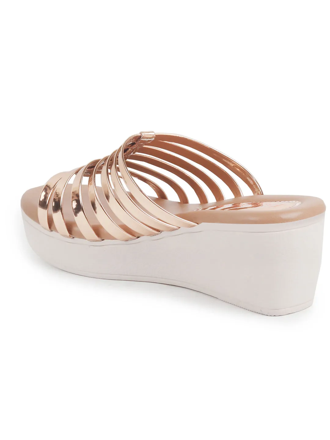Women Golden Shiny Open Toe Multi Strap Wedge Heel Height Enhancer Ethnic Sandals|Slippers for Wedding|Festive|Occasion