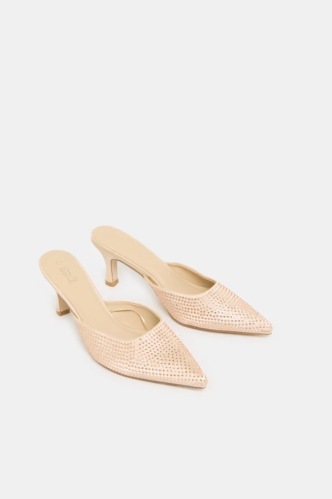 Women Pink Mules With Rhinestones