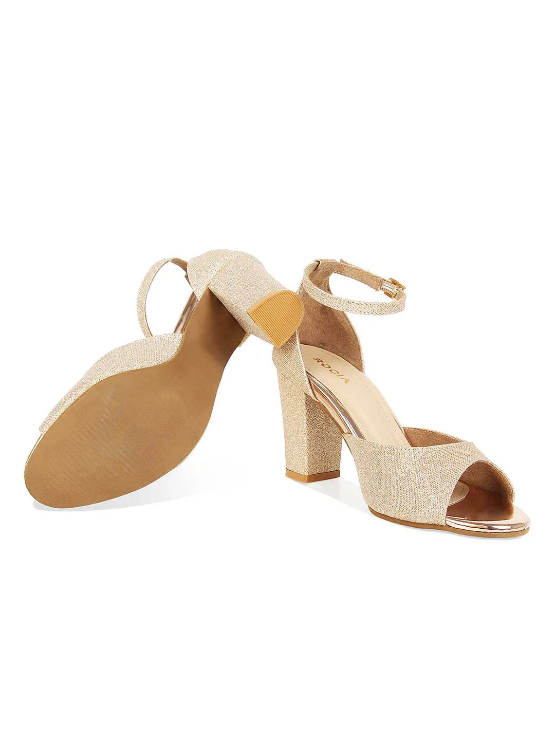 Women Rose Gold Shimmer Strap Block Heels