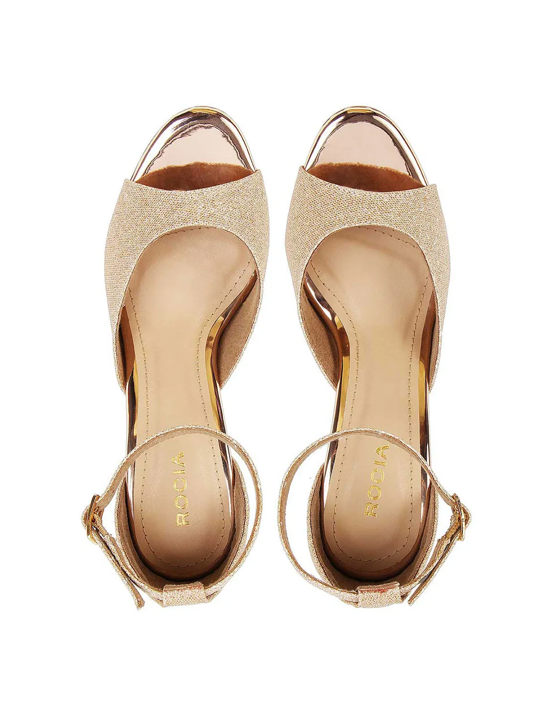 Women Rose Gold Shimmer Strap Block Heels