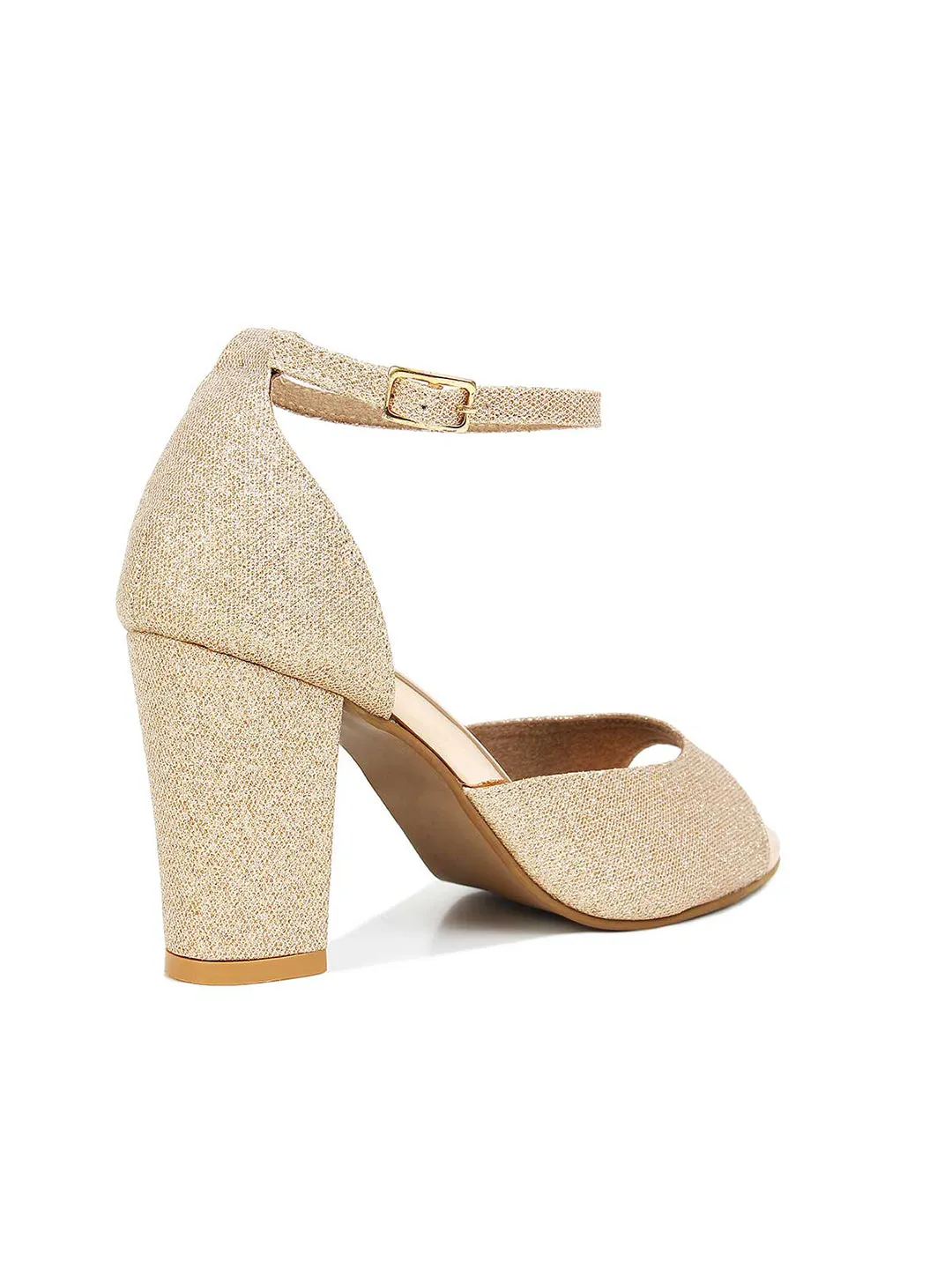 Women Rose Gold Shimmer Strap Block Heels
