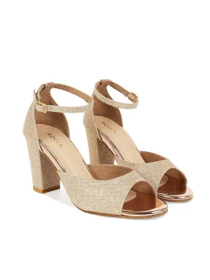 Women Rose Gold Shimmer Strap Block Heels