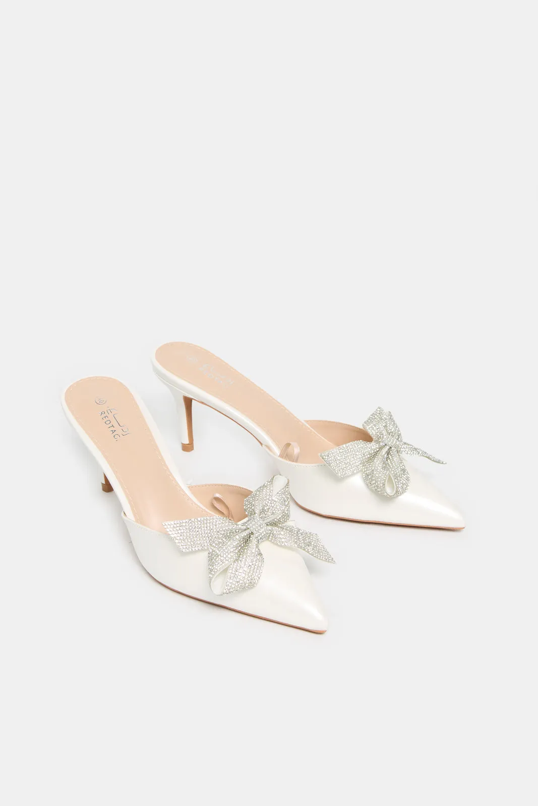 Women White Mule With Diamante Bow