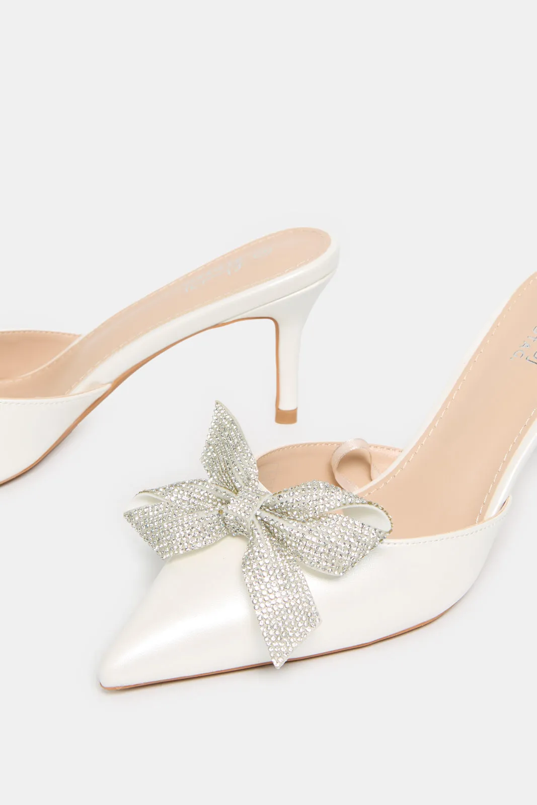 Women White Mule With Diamante Bow