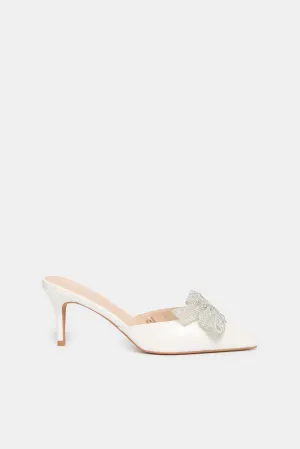 Women White Mule With Diamante Bow