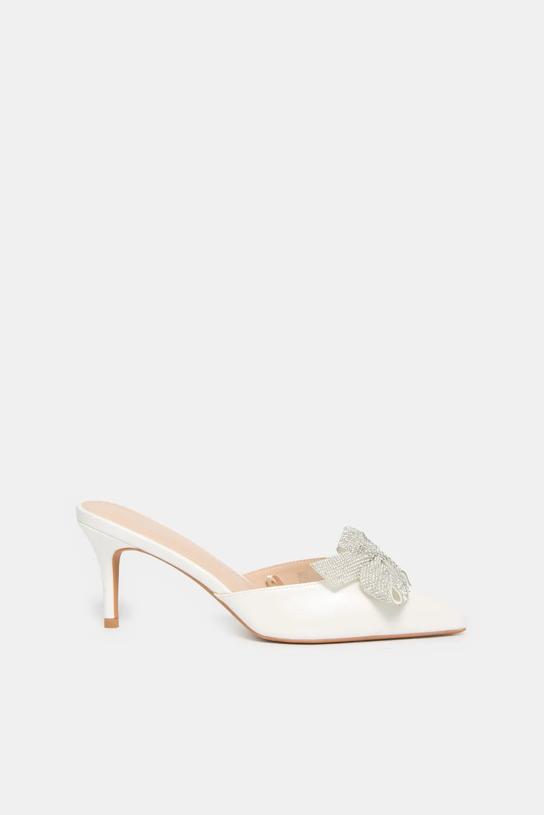 Women White Mule With Diamante Bow
