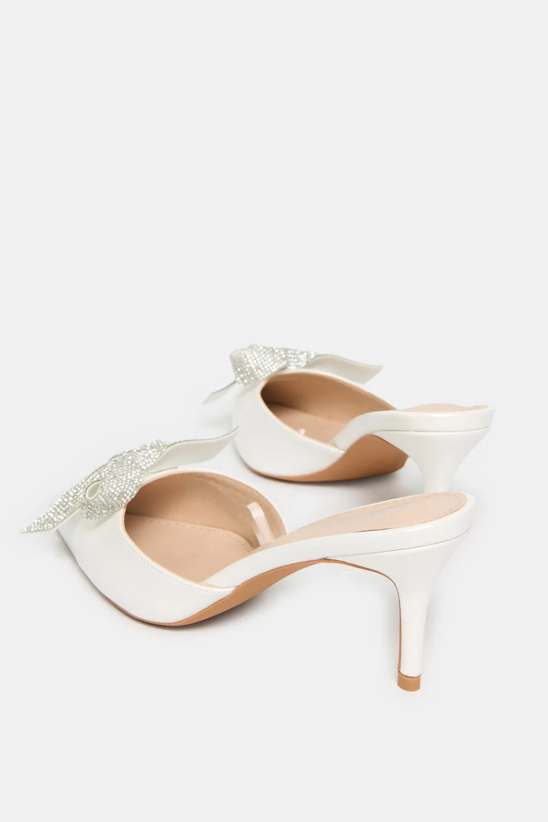 Women White Mule With Diamante Bow